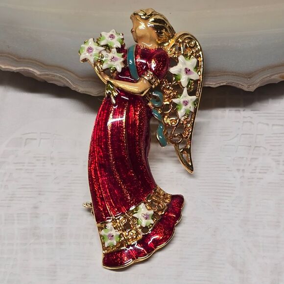 Christopher Radko Jewelry - Christopher Radko Christmas Angel Brooch Gold Tone Red Enamel Signed Rare VTG